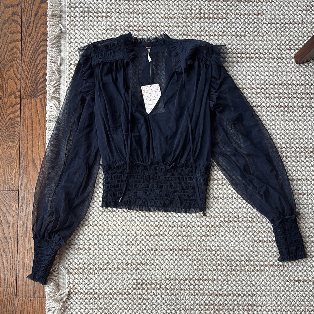 Free People Blue Ruffled Smocked Blouse